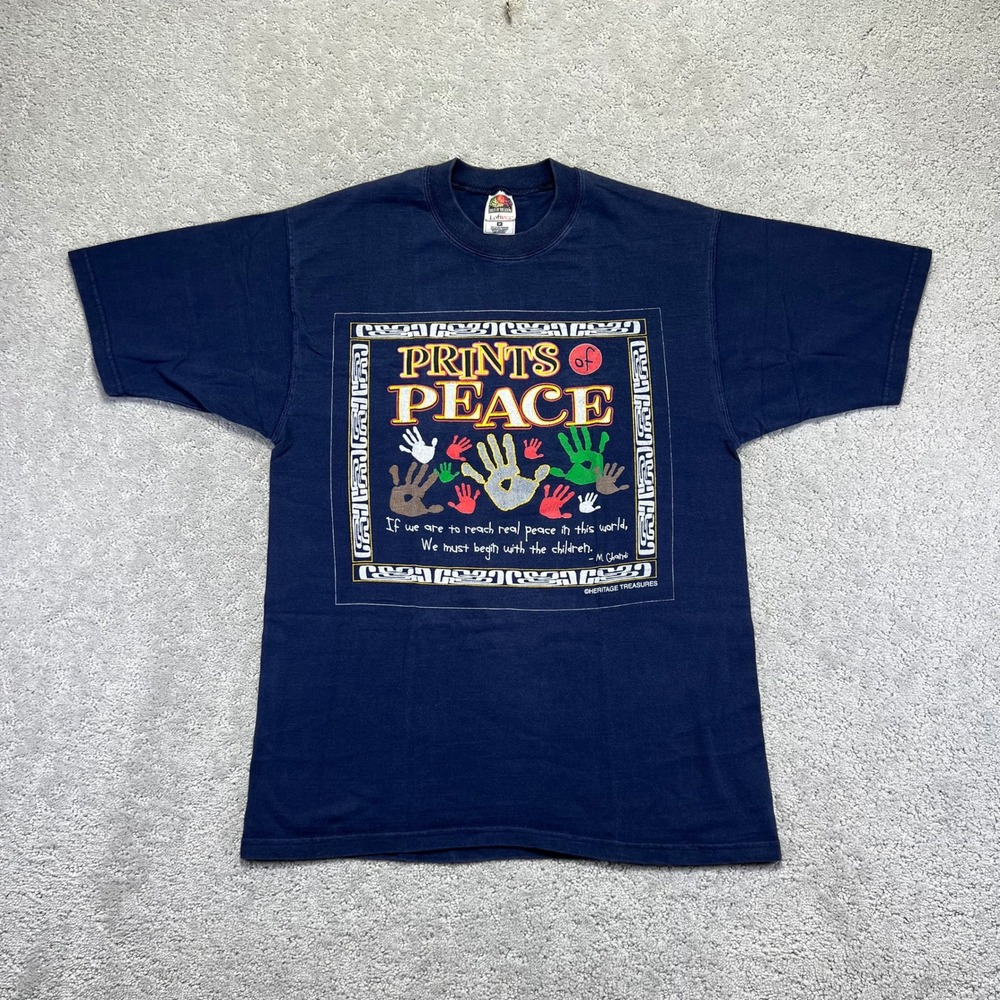 VINTAGE Prints of Peace Mahatma Gandhi T-Shirt Size Medium Quote Navy Heritage